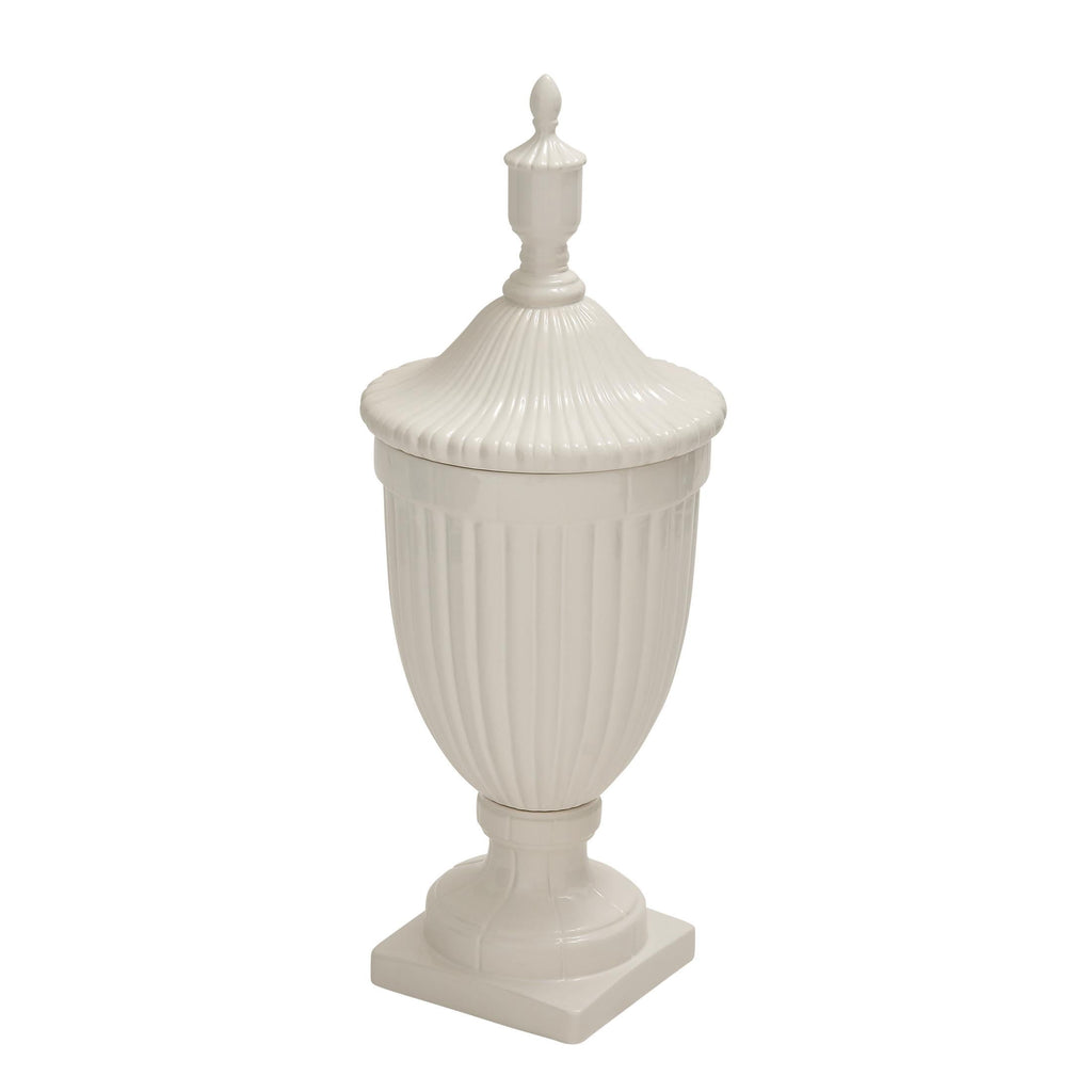 DecMode 12" x 32" White Ceramic Tall Fluted Urn Decorative Jars with Grooves and Lid, 1-Piece