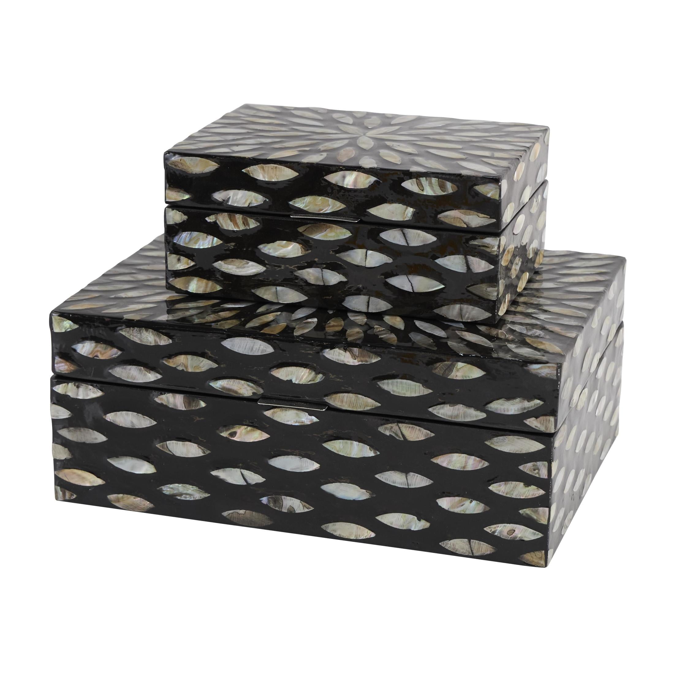 DecMode Floral Black Mother of Pearl Shell Decorative Box with Beige Accents, 2 Count