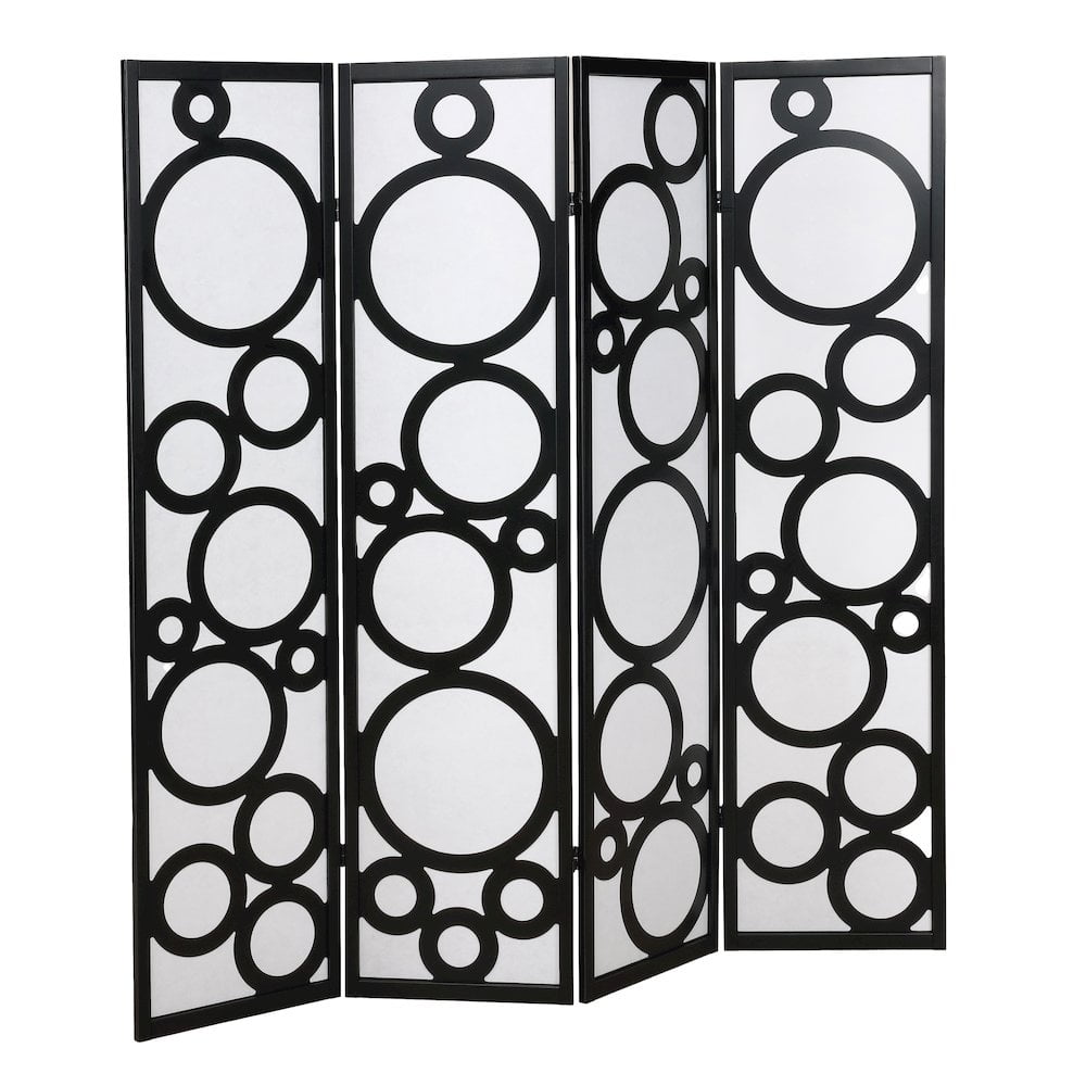 Roundhill Furniture Arvada 4-Panel Wood Room Divider w/Circle Pattern in Black